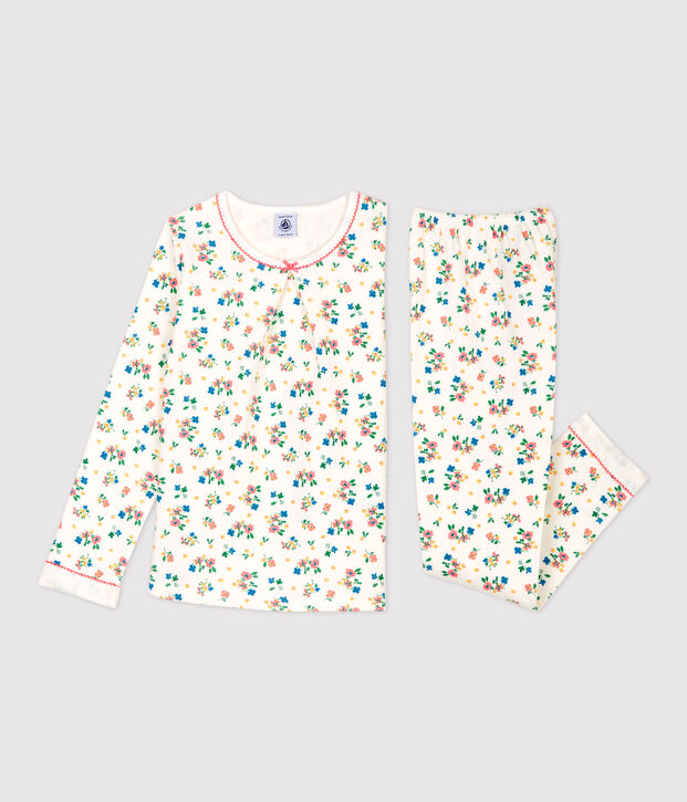 Pijama con estampado de flores de ni&ntilde;a de tejido t&uacute;bico blanco/multicolor